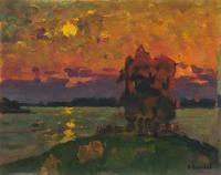 Sunset Over The Water - Oil On Cardboard Paintings - By Vasily Belikov, Impressionism Painting Artist