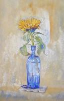 Sunflower In Blue Bottle - Casein On Paper Paintings - By Craig Coss, Minimal Realism Painting Artist