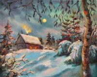 Winter Night - Oil On Canvas Paintings - By Kostiantyn Shyptia, Realism Painting Artist