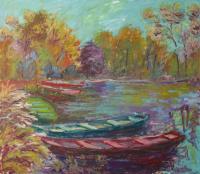 Boats In The Lake - Oil  Cardboard Paintings - By Liudvikas Daugirdas, Impressionism Painting Artist