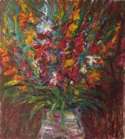 Flowers Gladiolas Original Oil Painting - Oil  Cardboard Paintings - By Liudvikas Daugirdas, Impressionism Painting Artist