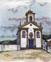 Merces De Cima Church Ouro Preto Brazil - Mixed Media Drawings - By Anna Helena Fisher, Architectural Drawing Artist