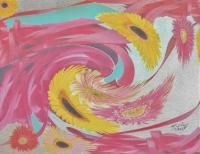 Yellow Flowers And Red Ribbons - Mixed Media Paintings - By Anna Helena Fisher, Abstract Painting Artist