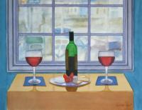 Wine And Drink - Wine Overlooking The Harbor - Watercolor
