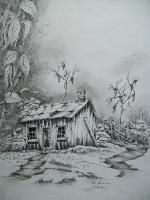 Appalachian Mountain Old Shed - Ink And Pencils Drawings - By Tom Rechsteiner, Realism Drawing Artist