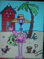 Down At The Beach - Acrylic Paintings - By Sandy T, Flamingos Painting Artist