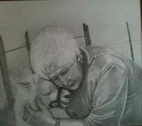 Lady With Llama - Pencil  Graphite Drawings - By Kathy Sands, Realism Drawing Artist