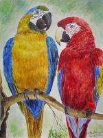 Blue And Redaras - Watercolour On The Paper Paintings - By Armine Abrahamyan, Naiv Art Painting Artist