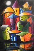 Magic New Stars Above The City - Acrylic On Canvas Paintings - By Elizabeth Kawala, Original Abstract City Painting Artist