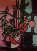 Everetts Tomato Plant - M Ixed Medium Paintings - By Everett Hickam, Primative Painting Artist