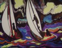 Sailing Into A Rain Squall - Mixed Medium Paintings - By Everett Hickam, Expressionist Painting Artist