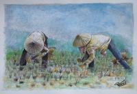 Campesinos Camboya - Watercolor Paintings - By Ricardo Perez Uribe, Landscape Painting Artist