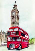 London Bus And Big Ben - Watercolor Paintings - By Morgan Fitzsimons, Traditional Painting Artist