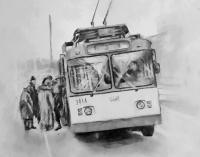 At Trolley-Bus-Stop - Pencil And Paper Drawings - By Rostislav Shmakov, Realism Drawing Artist