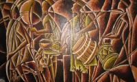 Hausa War Dancers - Oil On Canvas Paintings - By Benedict Edet, Geometric Abstraction Painting Artist