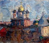 Novospasskiy Monastery Early Spring 1979 - Oil On Cardboard Paintings - By Yuri Yudaev, Impressionism Painting Artist
