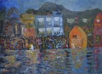 E Ramki - Ganga Aarti - Haridwar India - Oil On Stretched Canvas