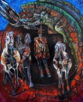 Cowboys Horses And Lizards - Oil With Spray Paint And Charc Paintings - By Bill Chiechi, Abstract Painting Artist