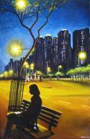 Cityscapes - Alone At The Bus Station 76X51Cm - Oil On Canvas