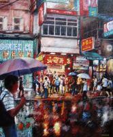 Rain Haiphong Street - Oil On Board Paintings - By Julia Patience, Realism Painting Artist