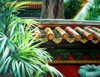 Palm And Tiles Beijing - Watercolour Paintings - By Julia Patience, Realism Painting Artist