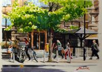 Busy Manchester Street - Water Colour Paintings - By Joseph Broderick, Impressionistic Painting Artist