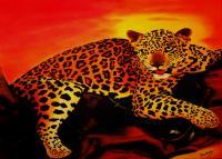 Leopard In The Sunset - Oil On Streched Canvas Paintings - By Manuel Sanchez, Impresionism Painting Artist