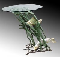 Seaweed  Fish Table - Cement Steel Glass Sculptures - By Solomon Bassoff-Faducci, Hand Sculpted Cement Sculpture Artist
