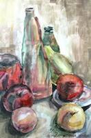 Fruits And Bottles - Watercolor On Paper Paintings - By Maia Oprea, Impressionist Painting Artist