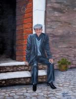 Old Man Waiting - Acrylic On Canvas Paintings - By Judy Kirouac, Portrait Painting Artist