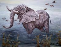 Old Elephant Bathing - Acrylic On Canvas Paintings - By Judy Kirouac, Realism Painting Artist