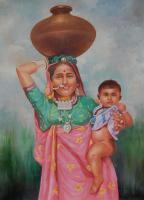 Mother And Child - Oil On Canvas Paintings - By Chirag Chauhan, Reyalistik Painting Artist