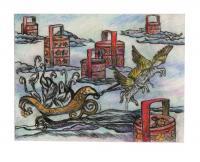 Travelling Flamingo 8 - Print On Paper Printmaking - By Elsie Lau, Surrealist Printmaking Artist