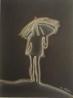 Umbrella Lady - Charcoal Colored Pencil Drawings - By Andrea Miller, Abstract Drawing Artist