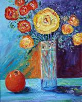 Flowers With Orange - Acrylic On Canvas Paintings - By Karen Williams, Expresionism Painting Artist