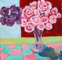 Pink Carnations On Checked Cloth - Acrylic On Canvas Paintings - By Karen Williams, Expresionism Painting Artist