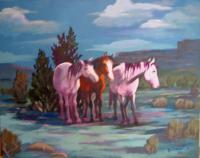 Moonlight Mustangs - Acrylic On Canvas Paintings - By Bob Bittinger, Wildlife Painting Artist
