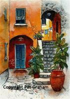 Casa Di Cinque Terre - Watercolor And Ink Paintings - By Pat Graham, Line Drawing Painting Artist