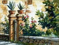Italian Courtyard Gate - Watercolor And Ink Paintings - By Pat Graham, Line Drawing Painting Artist