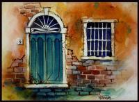 Venice Door Number 9 - Watercolor And Ink Paintings - By Pat Graham, Line Drawing Painting Artist