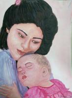 Mother And Baby - Colour Indian Ink Paintings - By R Shankari Saravana Kumar, Snow White Sheet Painting Painting Artist