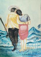 Colour Indian Ink Painting - Husband And Wife In A Field - Colour Indian Ink