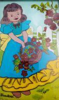 Reverse Glass Painting - Girl With Flower Basket - Enamel Painting