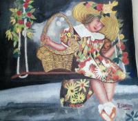 Water Colour Painting - Girl On Swing With Basket - Water Colour