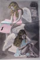 Original Art Work - Two Cute Angels - Colour Indian Ink