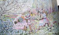 Original Art Work - Girls Picking Flowers In Garden - Water Colour