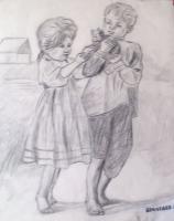 Charcoal Pencil Line Art - Boy And Girl With Kitten - Charcoal Pencil