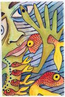 Goldfish Series 7 - Watercolor  Penink Paintings - By Jennifer Shepherd, Surreal Painting Artist