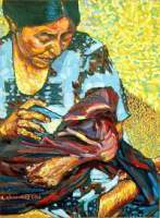 Mother Feeding Child - Oil On Canvas Paintings - By Ruby Chacon, Portrait Painting Artist