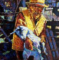 Grandpa And His Goat - Oil On Canvas Paintings - By Ruby Chacon, Portrait Painting Artist